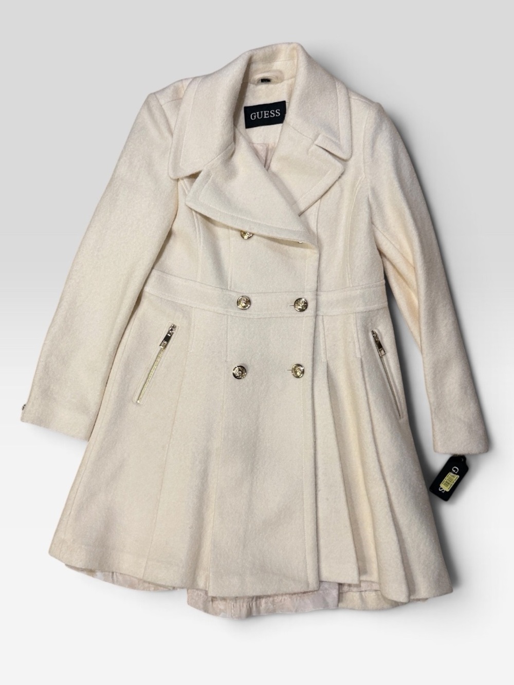GUESS White Double-Breasted Wool-Blend Fit & Peacoat Trench Jacket Large NWT